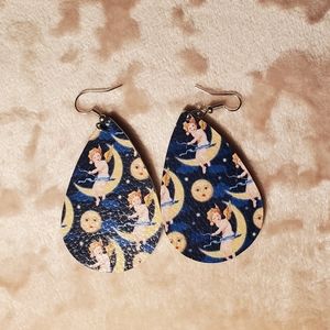 Earrings Faux Leather Starry Night Angels Cherub Moon Stars Drop